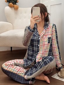 Napfluff Contrast Color Mixed Plaid Pajama Set, Classic Lapel Long Sleeve Loose Fit Loungewear 2 Pieces Set - Multicolor - View 4