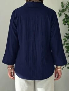 Solavon Plus Size Minimalist Metal Buckle Ruched Asymmetrical Hem Shirt - Navy Blue - View 2
