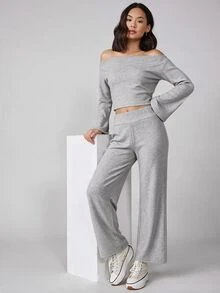 SHEIN BASICS Women's Sexy Shoulder Top And Solid Color Long Pants 2 Pieces Set - Grey - View 2