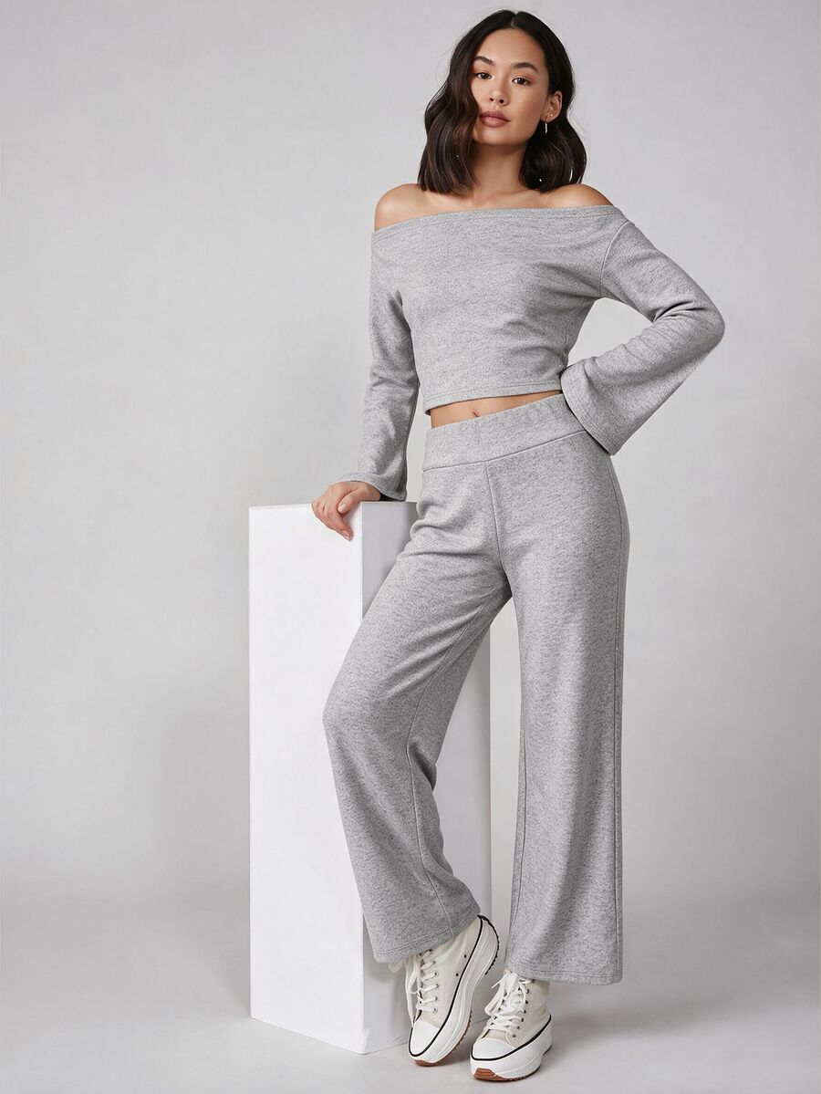SHEIN BASICS 女款性感露肩上衣與純色長褲兩件套 - 灰色 - 查看 1