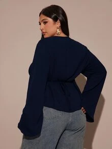 SHEIN BAE 大尺碼女款優雅棕色上衣，秋季V領抓皺長袖上衣，適合日常、聖誕、跨年派對、婚禮、正式晚裝 - 藏蓝色 - 查看 2