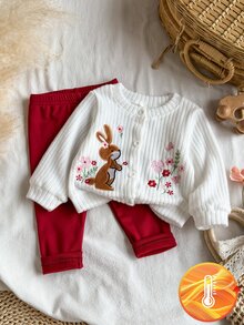 SHEIN Vintaside Kids 2件組女嬰針織開襟衫褲套裝，可愛甜美白色紅兔花朵刺繡羅紋針織長袖圓領，生日派對秋季公主舒適套裝 - 紅色 - 查看 3