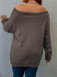 Linhara CURVE 大尺碼純色露肩針織衫 一肩露肩毛衣 秋冬款 - 咖啡棕 - 查看 2