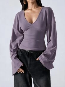 LYSMO 2025 女款夏季奶油白襯衫，簡約優雅法式純色深V領上衣，喇叭袖休閒上衣，適合早午餐、生日、居家 - 紫色 - 查看 3