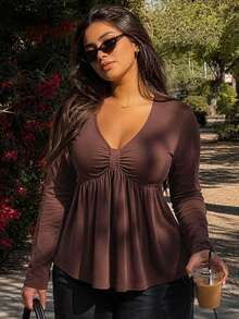 Dazy Plus Solid Color Fitted Bow Knot Twisted Elegant Casual Versatile Long Sleeve T-Shirt - Brown - View 6