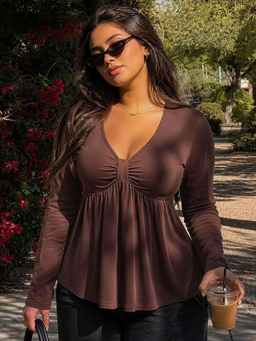 Dazy Plus Solid Color Fitted Bow Knot Twisted Elegant Casual Versatile Long Sleeve T-Shirt - Brown - View 1