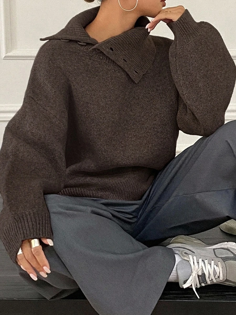 Dazy Plus Solid Color Casual Versatile Loose Fit Diagonal Slit Collar Design Blogger Style Autumn/Winter New Pullover Sweater - Brown - View 1
