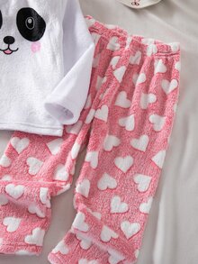 SHEIN 2件組女童絨毛格紋長袖上衣與長褲休閒軟綿睡衣套裝，秋冬款酒紅色抓絨內裡圓領純色口袋舒適可愛禮物 - 淺粉色 - 查看 4