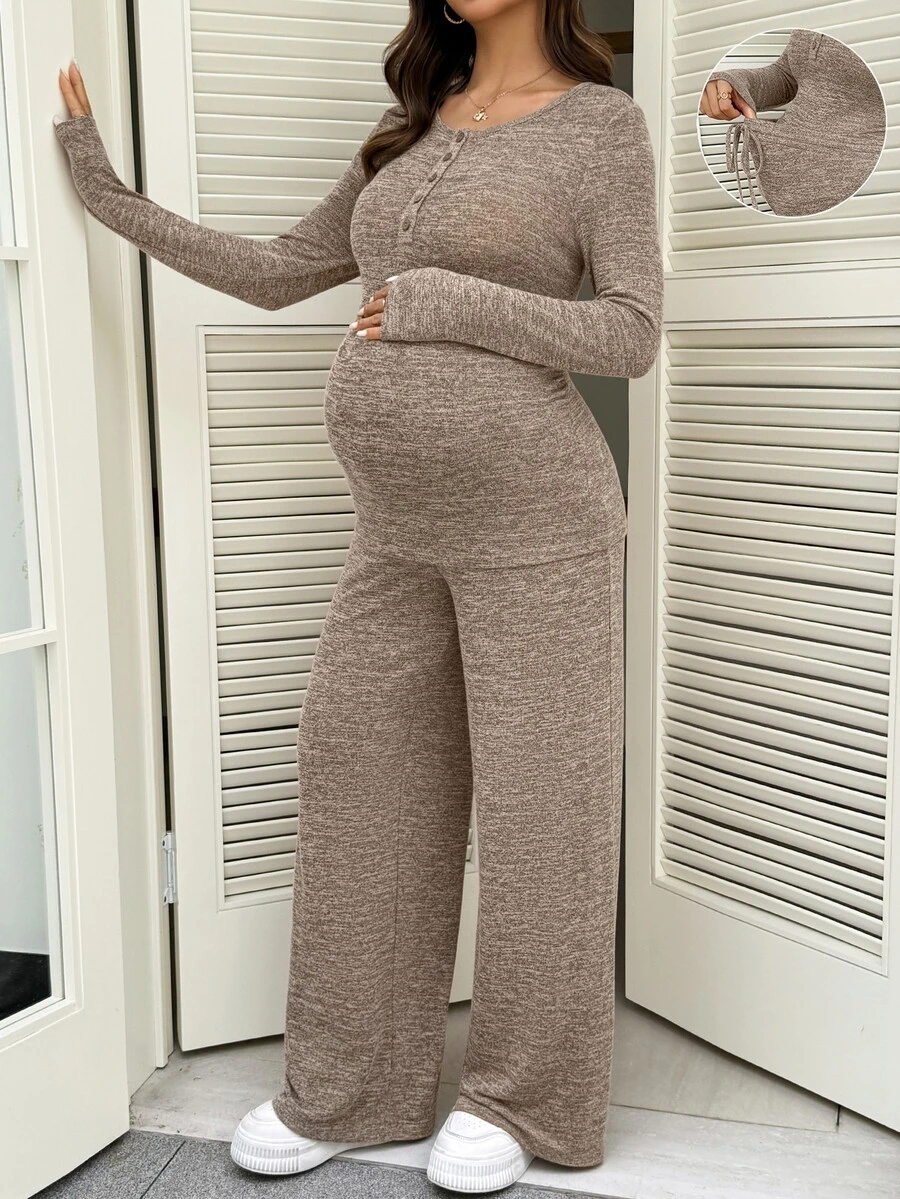 SHEIN Maternity Knit 2 Pieces Set T-Shirt And Pants, Comfortable Home Casual Wear - Khaki - View 1