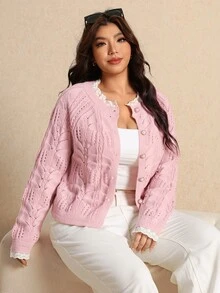 Elaquor Women's Plus Size Autumn Sweet Lace Patchwork Hollow Knit Cardigan - Pink - View 1