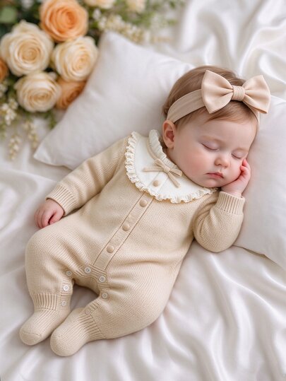 SHEIN Newborn Sweater Romper, Long Sleeve, Peter Pan Collar, Solid Beige, Button Front, Ribbed Knit