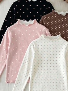 SHEIN Vintaside Kids 女童可愛圓領長袖荷葉邊設計愛心波點印花T恤 - 彩色 - 查看 5