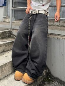 STEELVANCE 街頭風復古時尚百搭做舊水洗對比鉚釘貓鬚刺繡毛邊設計寬鬆直筒寬腿休閒牛仔褲（不含腰帶與配件） - 黑色 - 查看 4