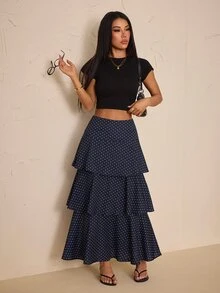 SHEIN PETITE Navy Blue Polka-Dot Maxi Skirt With Dramatic Tiered Ruffles (Designed For Petite Women) - Navy Blue - View 1