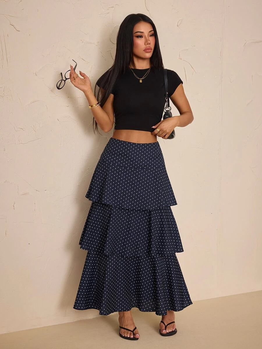 SHEIN PETITE Navy Blue Polka-Dot Maxi Skirt With Dramatic Tiered Ruffles (Designed For Petite Women) - Navy Blue - View 1