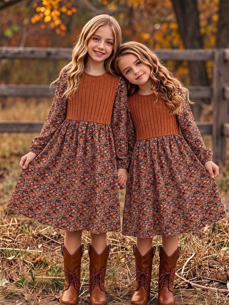 SHEIN Đầm hoa kiểu áo len giả cho bé gái tween, phong cách vintage với mảng gân, tay dài, cổ tròn, eo cao, dáng xòe rủ, trang phục mùa thu đông - màu nâu - Xem 1
