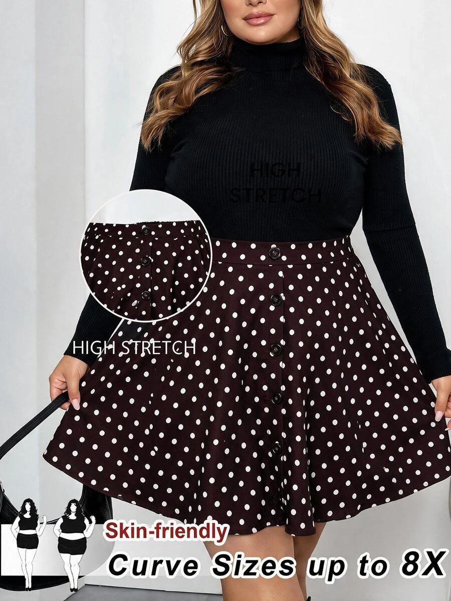 SHEIN CURVE+ تنورة A-خط بلون موحد مع أزرار أمامية بتصميم بسيط، للارتداء اليومي العادي، مقاس كبير - بني - مشاهدة 1