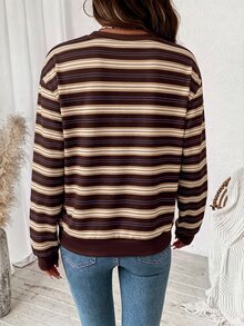 SHEIN LUNE 女款休閒條紋拼接圓領長袖運動衫，適合秋冬穿著 - 白色 - 查看 6