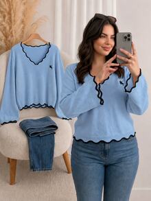 CosyJoli Plus Size Women's Curved V-Neck Knight Graphic Long Sleeve Casual Pullover Sweater - Blue - View 2