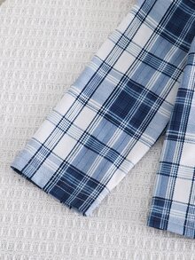 SHEIN 2件組嬰兒男童女童長袖格紋領短袖鈕扣上衣＋鬆緊腰長褲兩件套格紋睡衣家居服，適合秋冬 - 彩色 - 查看 4