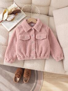 SHEIN Elladie kids 女童毛絨領長袖夾克，彈性下擺與袖口，秋冬保暖外套，現代時尚夾克，適合外出、購物與拍照 - 粉色 - 查看 4