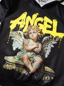 SHEIN 兒童 2 件組青少年男孩新款塗鴉手繪嘻哈肖像天使圖案英文字母連帽衫與喇叭褲套裝，適合秋冬、學校、家庭聚會、開學、生日派對、攝影、度假、假日、運動風 - 黑色 - 查看 4