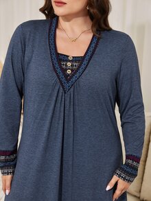 Lacomfia Plus Size Women's Loose Casual A-Line V-Neck Long Sleeve Patchwork Collar Cuff Hem Long Dress, Autumn - Navy Blue - View 7