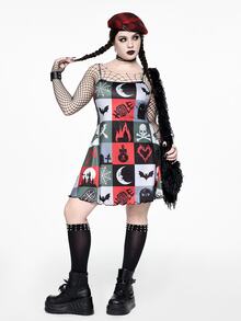 ROMWE Goth Y2K Christmas Dark Multi-Element Skull & Bell Sexy Dark Girl All-Over Print Mini Dress For Women - Multicolor - View 7