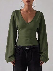 SHEIN Tall 女款休閒百搭純色喇叭袖上衣 - 軍綠色 - 查看 2