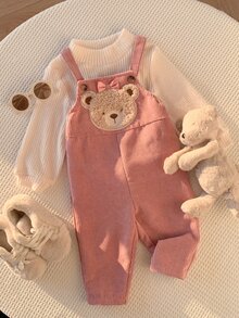 新生女嬰/幼女秋冬可愛熊圖案拼接刺繡燈芯絨吊帶褲連身衣，女嬰冬季連身褲/吊帶褲，聖誕 - 粉色 - 查看 9