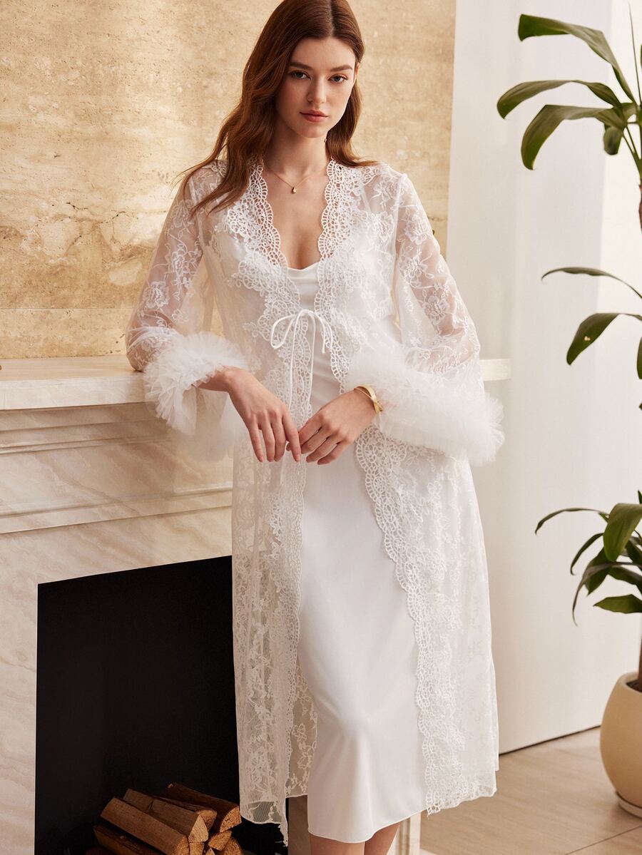 Moireta Women's Solid Color Spaghetti Strap Dress And Robe Casual Daily Home Sleepwear Set - White - View 1