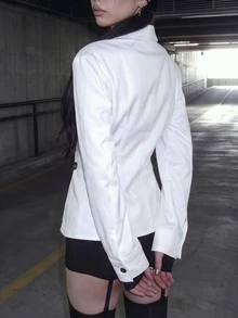 EgrlEra Vintage Retro Academy Casual Young Lady Daily Commute Shopping Date Afternoon Tea Photo Shoot Lapel V-Neck Open Front Long Sleeve Split Cuff Multi-Row Black Decorative Buttons Spring Autumn White Women's Jacket - White - View 2