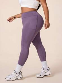 SHEIN Rhythm Era Casual Curve 系列大尺碼淺藍色線條設計修身運動長褲，百搭健身秋季運動褲 - 淺灰紫 - 查看 4