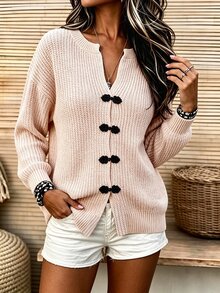 Balvessa Autumn/Winter New Vintage Elegant New Chinese Style Frog Button Open Front Knit Cardigan - Khaki - View 3
