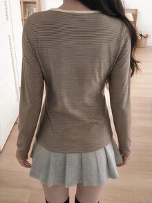 DAZY Women's V-Neck Striped Long Sleeve T-Shirt Fall - Coffee Brown - View 2