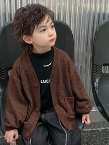 Dazy Kids 兒童秋季男童小號寬鬆休閒V領針織開襟外套，紋理面料 - 咖啡棕 - 查看 3