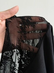SHEIN EZwear Áo thun nữ len dệt màu đen phối ren - màu đen - Xem 8