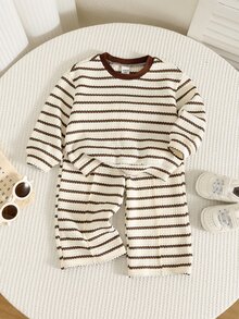 2pcs Baby Girl Textured Striped Knit Soft Crew Neck Long Sleeve Drop Shoulder Pullover Sweatshirt Elastic Waist Long Pants Autumn/Winter Two Pieces Set - Multicolor - View 3
