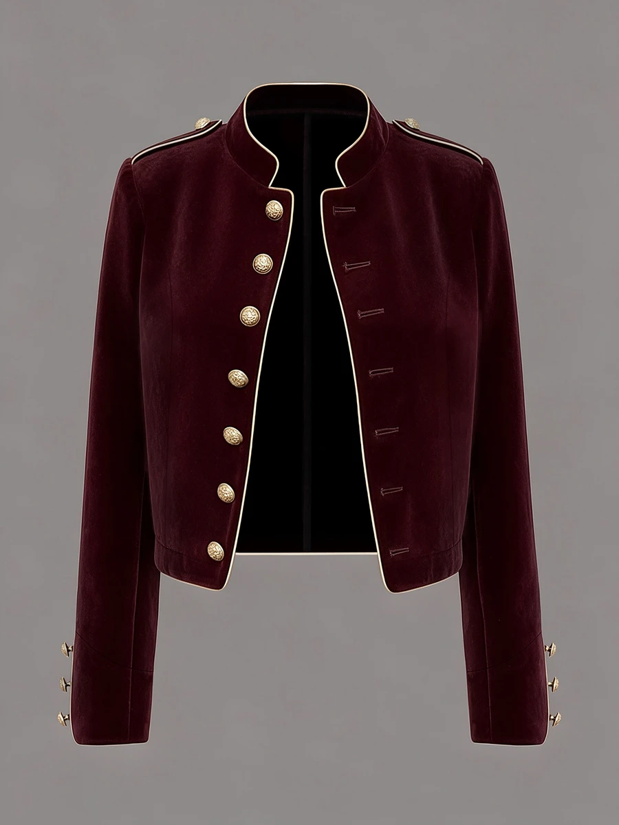 GlowEve CURVE Versatile Premium Velvet Decorative Button Plus Size Women's Jacket Fall - Burgundy - View 1