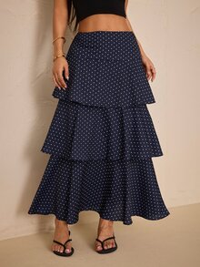 SHEIN PETITE Navy Blue Polka-Dot Maxi Skirt With Dramatic Tiered Ruffles (Designed For Petite Women) - Navy Blue - View 3