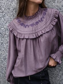 Nöista Olive Long Sleeve Top With Embroidered Ruffle Detail. Office Wear, Elegant Style. Aesthetic Chic - Brown - View 5