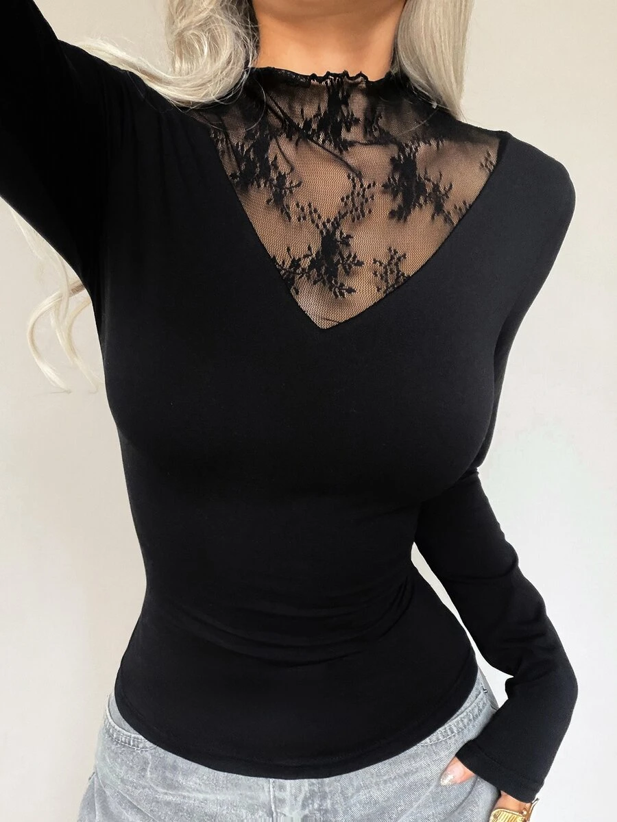 SHEIN EZwear Áo thun nữ len dệt màu đen phối ren - màu đen - Xem 1