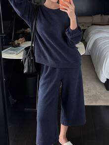 DAZY Women's Solid Color Long Sleeve Top And Pants Casual Daily Home Sleepwear Set - Navy Blue - View 12