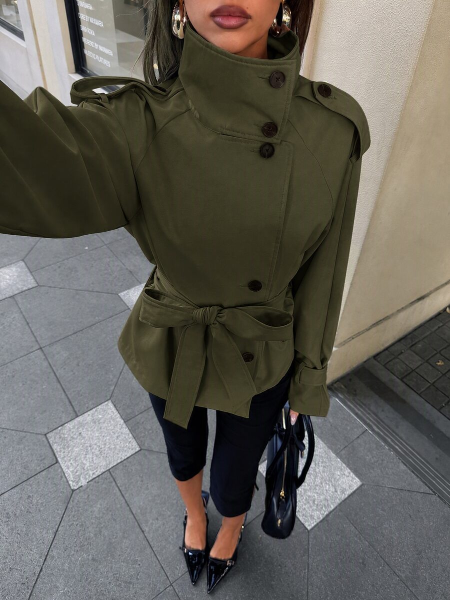 Aloruh 女款休閒立領單排扣收腰繫帶不對稱下擺風衣 - 軍綠色 - 查看 1