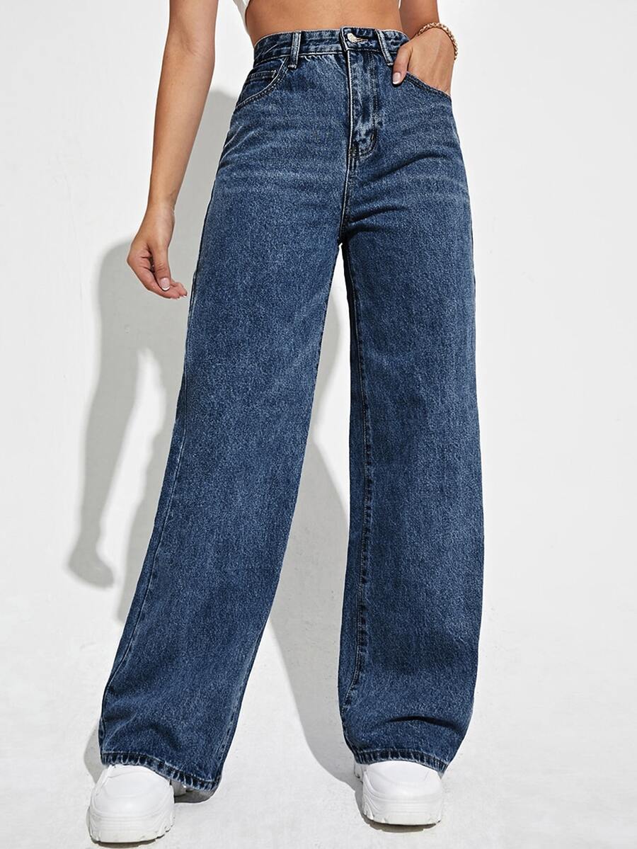 Women's Solid Color High Waist Fashion Casual Straight Leg Denim Jeans - Dark Wash - View 1