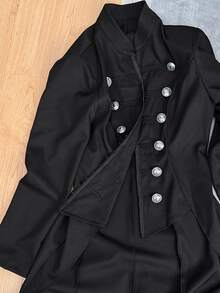 BamGleam Women's Vintage Military Stand Collar Double-Breasted Metal Button Waist-Nipped Black Peplum Long Coat - Black - View 9