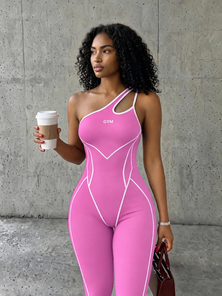 SHEIN Core Rhythm 女款鏤空設計健身性感運動連身褲 不對稱領口 秋季 - 粉色 - 查看 1