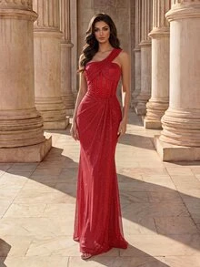 Coutiva Women's Mesh Beaded Embroidered Front Panel Boned Long Formal Evening Gown (Heavy Workmanship) - Burgundy - View 5