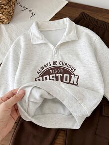 SHEIN Little Byeori 兒童男童 2件組休閒套裝－立領套頭連帽衛衣與保暖內裡秋季長褲，適合冬季、學校、返校穿著，舒適套裝 - 彩色 - 查看 7
