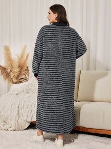 Lacomfia Minimalist Striped Plush Collar Long Sleeve Loose Regular Fit Plus Size Sweatshirt, Autumn/Winter - Multicolor - View 2
